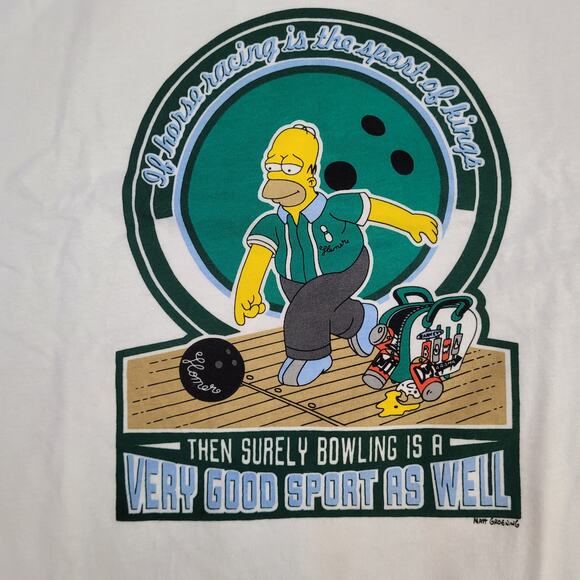 VTG Y2K Simpsons Homer Bowling Tee Single Stitch Boxy Fit Mens L Ringer Collar - Picture 2 of 5